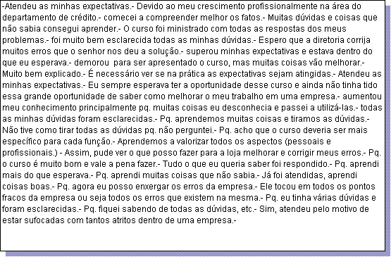 Caixa de texto: -Atendeu as minhas expectativas.- Devido ao meu crescimento profissionalmente na �rea do departamento de cr�dito.- comecei a compreender melhor os fatos.- Muitas d�vidas e coisas que n�o sabia consegui aprender.- O curso foi ministrado com todas as respostas dos meus problemas.- foi muito bem esclarecida todas as minhas d�vidas.- Espero que a diretoria corrija muitos erros que o senhor nos deu a solu��o.- superou minhas expectativas e estava dentro do que eu esperava.- demorou  para ser apresentado o curso, mas muitas coisas v�o melhorar.- Muito bem explicado.- � necess�rio ver se na pr�tica as expectativas sejam atingidas.- Atendeu as minhas expectativas.- Eu sempre esperava ter a oportunidade desse curso e ainda n�o tinha tido essa grande oportunidade de saber como melhorar o meu trabalho em uma empresa.- aumentou meu conhecimento principalmente pq. muitas coisas eu desconhecia e passei a utiliz�-las.- todas as minhas d�vidas foram esclarecidas.- Pq. aprendemos muitas coisas e tiramos as d�vidas.- N�o tive como tirar todas as d�vidas pq. n�o perguntei.- Pq. acho que o curso deveria ser mais espec�fico para cada fun��o.- Aprendemos a valorizar todos os aspectos (pessoais e profissionais.) - Assim, pude ver o que posso fazer para a loja melhorar e corrigir meus erros.- Pq. o curso � muito bom e vale a pena fazer.- Tudo o que eu queria saber foi respondido.- Pq. aprendi mais do que esperava.- Pq. aprendi muitas coisas que n�o sabia.- J� foi atendidas, aprendi coisas boas.- Pq. agora eu posso enxergar os erros da empresa.- Ele tocou em todos os pontos fracos da empresa ou seja todos os erros que existem na mesma.- Pq. eu tinha v�rias d�vidas e foram esclarecidas.- Pq. fiquei sabendo de todas as d�vidas, etc.- Sim, atendeu pelo motivo de estar sufocadas com tantos atritos dentro de uma empresa.-  