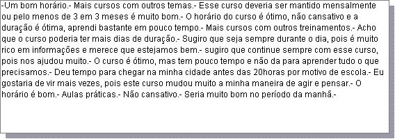 Caixa de texto: -Um bom hor�rio.- Mais cursos com outros temas.- Esse curso deveria ser mantido mensalmente ou pelo menos de 3 em 3 meses � muito bom.- O hor�rio do curso � �timo, n�o cansativo e a dura��o � �tima, aprendi bastante em pouco tempo.- Mais cursos com outros treinamentos.- Acho que o curso poderia ter mais dias de dura��o.- Sugiro que seja sempre durante o dia, pois � muito rico em informa��es e merece que estejamos bem.- sugiro que continue sempre com esse curso, pois nos ajudou muito.- O curso � �timo, mas tem pouco tempo e n�o da para aprender tudo o que precisamos.- Deu tempo para chegar na minha cidade antes das 20horas por motivo de escola.- Eu gostaria de vir mais vezes, pois este curso mudou muito a minha maneira de agir e pensar.- O hor�rio � bom.- Aulas pr�ticas.- N�o cansativo.- Seria muito bom no per�odo da manh�.- 