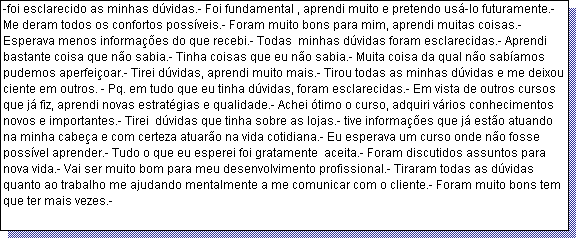Caixa de texto: -foi esclarecido as minhas d�vidas.- Foi fundamental , aprendi muito e pretendo us�-lo futuramente.- Me deram todos os confortos poss�veis.- Foram muito bons para mim, aprendi muitas coisas.- Esperava menos informa��es do que recebi.- Todas  minhas d�vidas foram esclarecidas.- Aprendi bastante coisa que n�o sabia.- Tinha coisas que eu n�o sabia.- Muita coisa da qual n�o sab�amos pudemos aperfei�oar.- Tirei d�vidas, aprendi muito mais.- Tirou todas as minhas d�vidas e me deixou ciente em outros. - Pq. em tudo que eu tinha d�vidas, foram esclarecidas.- Em vista de outros cursos que j� fiz, aprendi novas estrat�gias e qualidade.- Achei �timo o curso, adquiri v�rios conhecimentos novos e importantes.- Tirei  d�vidas que tinha sobre as lojas.- tive informa��es que j� est�o atuando na minha cabe�a e com certeza atuar�o na vida cotidiana.- Eu esperava um curso onde n�o fosse poss�vel aprender.- Tudo o que eu esperei foi gratamente  aceita.- Foram discutidos assuntos para nova vida.- Vai ser muito bom para meu desenvolvimento profissional.- Tiraram todas as d�vidas quanto ao trabalho me ajudando mentalmente a me comunicar com o cliente.- Foram muito bons tem que ter mais vezes.- 