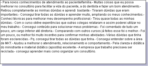 Caixa de texto: - Para novos conhecimentos de atendimento ao paciente/fam�lia.- Muitas coisas que eu possa melhorar no consult�rio para facilitar a vida do paciente, a do dentista e fazer um bom atendimento.- Retirou completamente as minhas d�vidas e aprendi  bastante.- Tiraram d�vidas que eram importantes.- Consegui tirar todas as d�vidas e aprender muito, ampliando os meus conhecimentos.- Conheci t�cnicas para melhorar meu desempenho profissional.- Tirou quase todas as minhas d�vidas.- Com o curso obtive experi�ncias que outras colegas relataram e assim poderei utilizar no meu trabalho.- Consegui conte�do para solucionar meus problemas.- Foi comentado de tudo um pouco, um cargo inferior at� diretoria.- Comparando com outros cursos j� feitos esse foi o melhor.- Foi um pouco, ou melhor foi muito incentivo para confirmar minhas atividades.-V�rias d�vidas que tinha foram esclarecidas.- Pq. consegui tirar todas as d�vidas que tinha.- Consegui entender sobre a �rea de MKT.- Ajudou a melhorar o atendimento, relacionamento e comportamento.- Pela clareza e did�tica do ministrante e material did�tico (apostila) excelente.- A empresa que trabalho precisava ser reciclada.- consegui aprender mais como organizar um consult�rio.