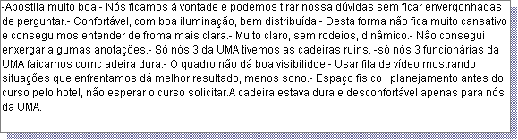 Caixa de texto: -Apostila muito boa.- N�s ficamos � vontade e podemos tirar nossa d�vidas sem ficar envergonhadas de perguntar.- Confort�vel, com boa ilumina��o, bem distribu�da.- Desta forma n�o fica muito cansativo e conseguimos entender de froma mais clara.- Muito claro, sem rodeios, din�mico.- N�o consegui enxergar algumas anota��es.- S� n�s 3 da UMA tivemos as cadeiras ruins. -s� n�s 3 funcion�rias da UMA faicamos comc adeira dura.- O quadro n�o d� boa visibilidde.- Usar fita de v�deo mostrando situa��es que enfrentamos d� melhor resultado, menos sono.- Espa�o f�sico , planejamento antes do curso pelo hotel, n�o esperar o curso solicitar.A cadeira estava dura e desconfort�vel apenas para n�s da UMA. 