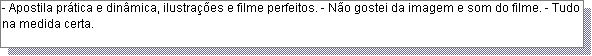 Caixa de texto: - Apostila pr�tica e din�mica, ilustra��es e filme perfeitos. - N�o gostei da imagem e som do filme. - Tudo na medida certa. 