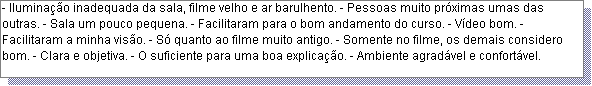 Caixa de texto: - Ilumina��o inadequada da sala, filme velho e ar barulhento. - Pessoas muito pr�ximas umas das outras. - Sala um pouco pequena. - Facilitaram para o bom andamento do curso. - V�deo bom. - Facilitaram a minha vis�o. - S� quanto ao filme muito antigo. - Somente no filme, os demais considero bom. - Clara e objetiva. - O suficiente para uma boa explica��o. - Ambiente agrad�vel e confort�vel.   