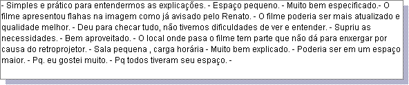 Caixa de texto: - Simples e pr�tico para entendermos as explica��es. - Espa�o pequeno. - Muito bem especificado.- O filme apresentou flahas na imagem como j� avisado pelo Renato. - O filme poderia ser mais atualizado e qualidade melhor. - Deu para checar tudo, n�o tivemos dificuldades de ver e entender. - Supriu as necessidades. - Bem aproveitado. - O local onde pasa o filme tem parte que n�o d� para enxergar por causa do retroprojetor. - Sala pequena , carga hor�ria - Muito bem explicado. - Poderia ser em um espa�o maior. - Pq. eu gostei muito. - Pq todos tiveram seu espa�o. - 
