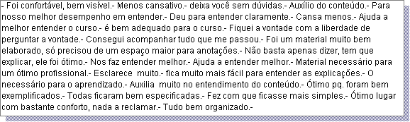 Caixa de texto: - Foi confort�vel, bem vis�vel.- Menos cansativo.- deixa voc� sem d�vidas.- Aux�lio do conte�do.- Para nosso melhor desempenho em entender.- Deu para entender claramente.- Cansa menos.- Ajuda a melhor entender o curso.- � bem adequado para o curso.- Fiquei a vontade com a liberdade de perguntar a vontade.- Consegui acompanhar tudo que me passou.- Foi um material muito bem elaborado, s� precisou de um espa�o maior para anota��es.- N�o basta apenas dizer, tem que explicar, ele foi �timo.- Nos faz entender melhor.- Ajuda a entender melhor.- Material necess�rio para um �timo profissional.- Esclarece  muito.- fica muito mais f�cil para entender as explica��es.- O necess�rio para o aprendizado.- Auxilia  muito no entendimento do conte�do.- �timo pq. foram bem exemplificados.- Todas ficaram bem especificadas.- Fez com que ficasse mais simples.- �timo lugar com bastante conforto, nada a reclamar.- Tudo bem organizado.- 