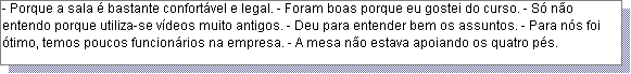 Caixa de texto: - Porque a sala � bastante confort�vel e legal. - Foram boas porque eu gostei do curso. - S� n�o entendo porque utiliza-se v�deos muito antigos. - Deu para entender bem os assuntos. - Para n�s foi �timo, temos poucos funcion�rios na empresa. - A mesa n�o estava apoiando os quatro p�s.